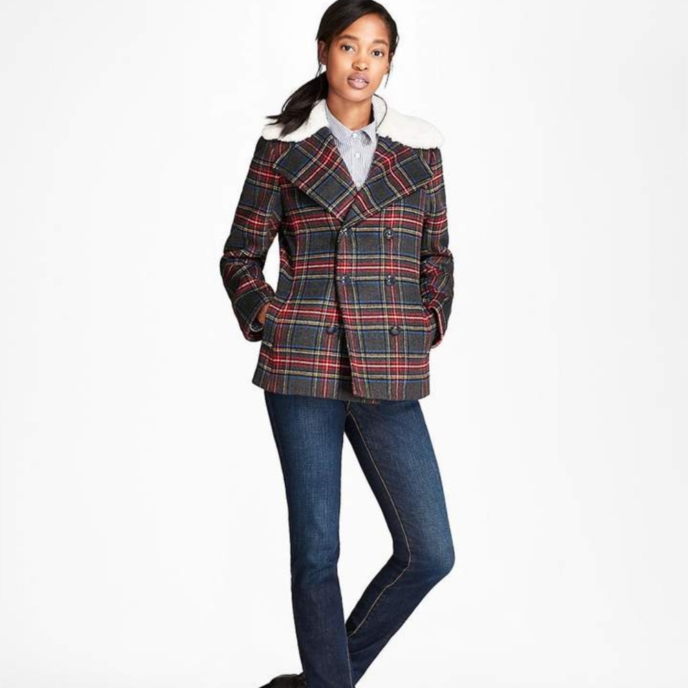 Brooks Brothers Red Fleece Plaid Wool Double Breasted Sherpa Collar Jacket 12